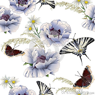 Charming white poppies with daisies Vector Illustration